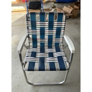 2 Vintage Aluminum Lawn Chairs Webbed Folding Blue White Retro Beach Camp Chair
